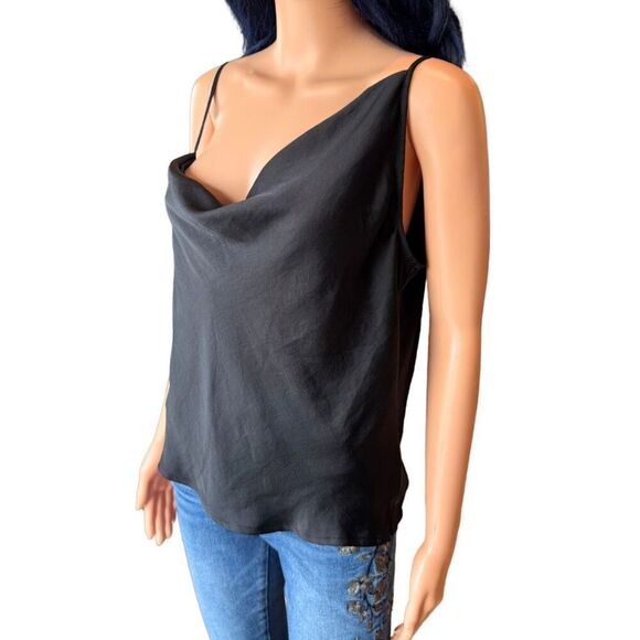 NWT Open Edit Nordstrom Black Asymmetrical Satin Top Size Small - Picture 3 of 5